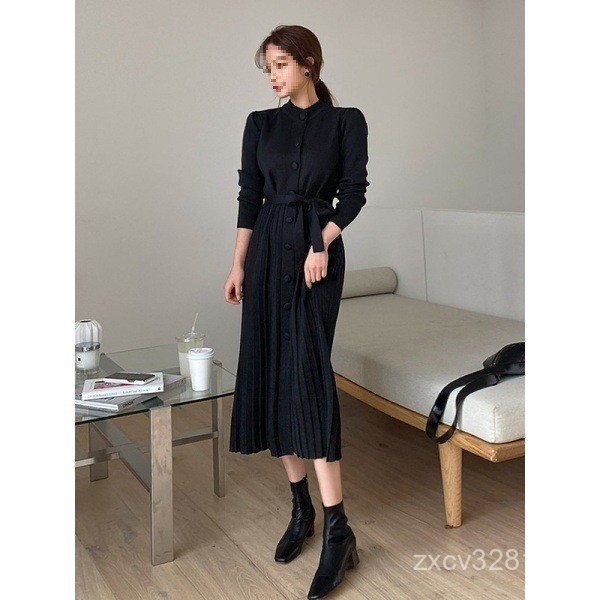 เสื้อกันหนาวสไตล์เกาหลีสีดำ Retro LVFT พร้อมกระโปรงยาว เหมาะสำหรับฤดูใบไม้ร่วง