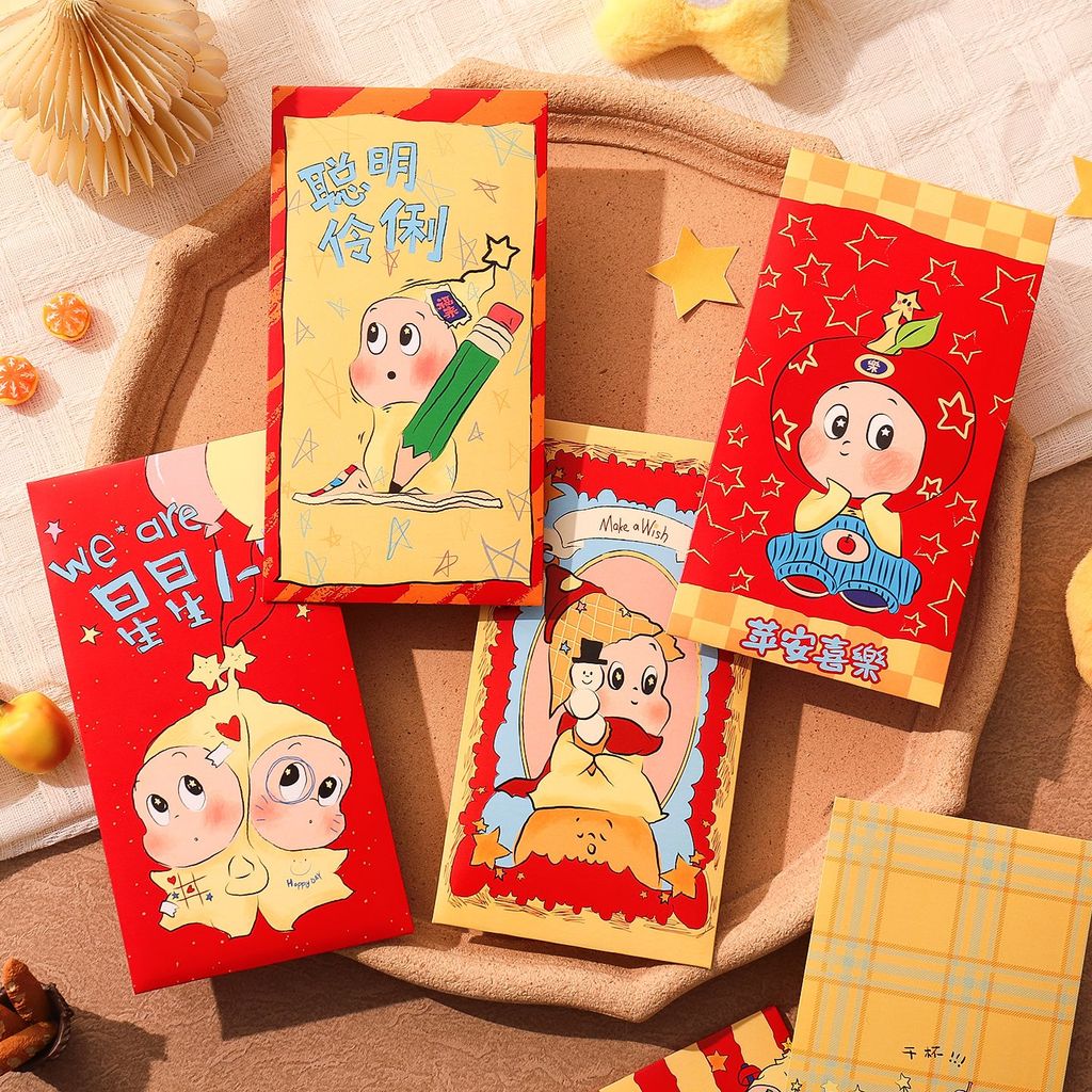 การ์ตูนดาวสีเหลืองแพ็คเก็ตสีแดง6ชิ้น/เซ็ตซองจดหมายสีแดงกระเป๋าเงินปีใหม่เด็กวันเกิดโชคดีแพ็คเก็ตของขวัญ - รูปที่ 3