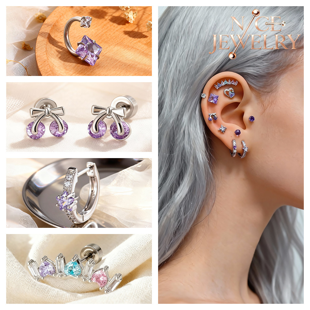ต่างหู Rhinestone Huggie สไตล์ Heart Star สำหรับกระดูกอ่อน Tragus Helix สีม่วง