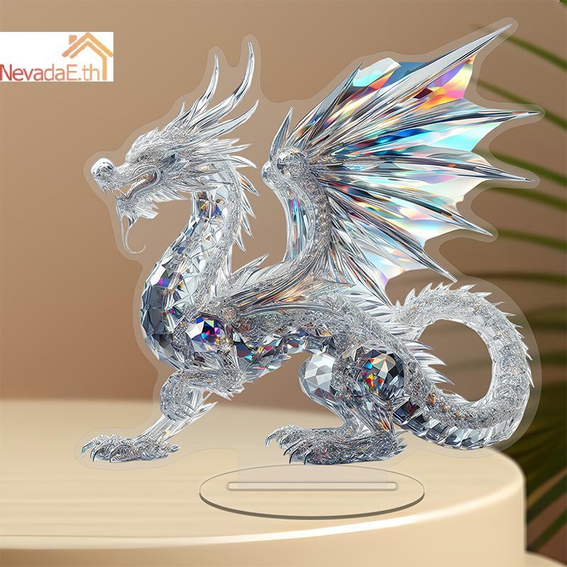 ND อะคริลิคสีขาวคริสตัลมังกรรูปปั้น 2D แบน Cool Figurine Home Office Cafe Room สตูดิโอแสดงกรณีตารางเ