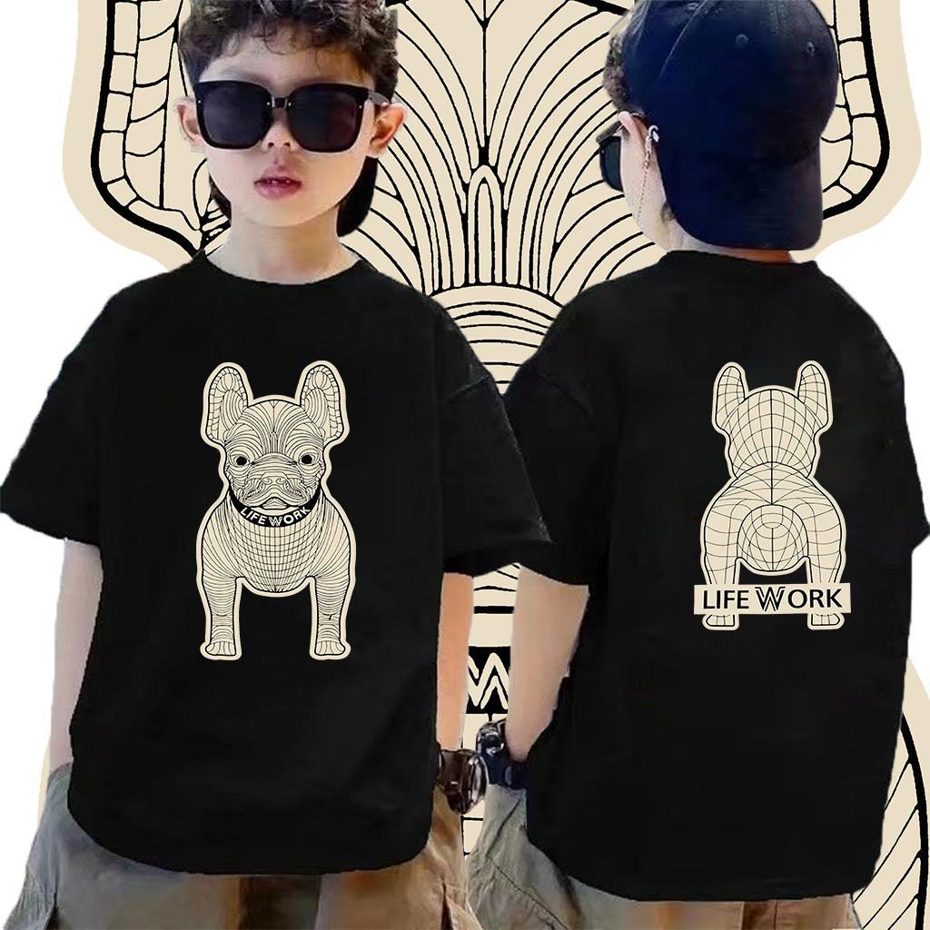 【Joy COD】(สินค้าพร้อมส่ง) เสื้อยืดเด็กสีดำ ลายสุนัขเฟรนช์บูลด็อก LIFE WORK 2ด้าน ใส่สบาย