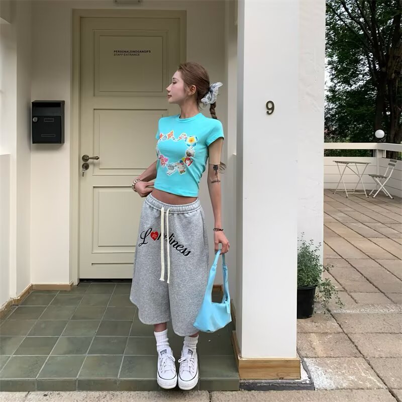 EERSHENSHHI Summer Retro Love Letter Print Loose Wide Leg Cropped Pants - รูปที่ 3