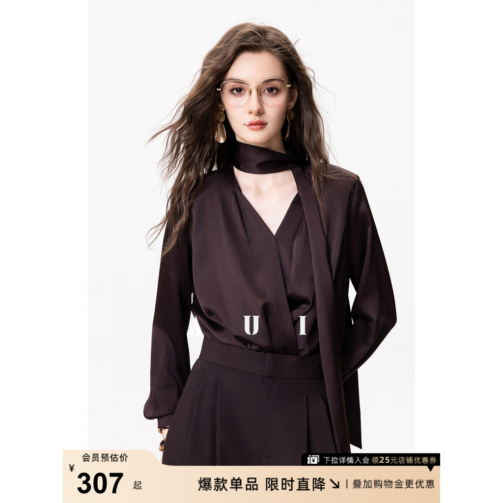 AUI French Ribbon V สไตล์ใหม่สำหรับฤดูใบไม้ร่วง เสื้อเชิ๊ตแขนยาวผู้หญิง มีโบว์ที่คอดูหรูหราและเข้าได