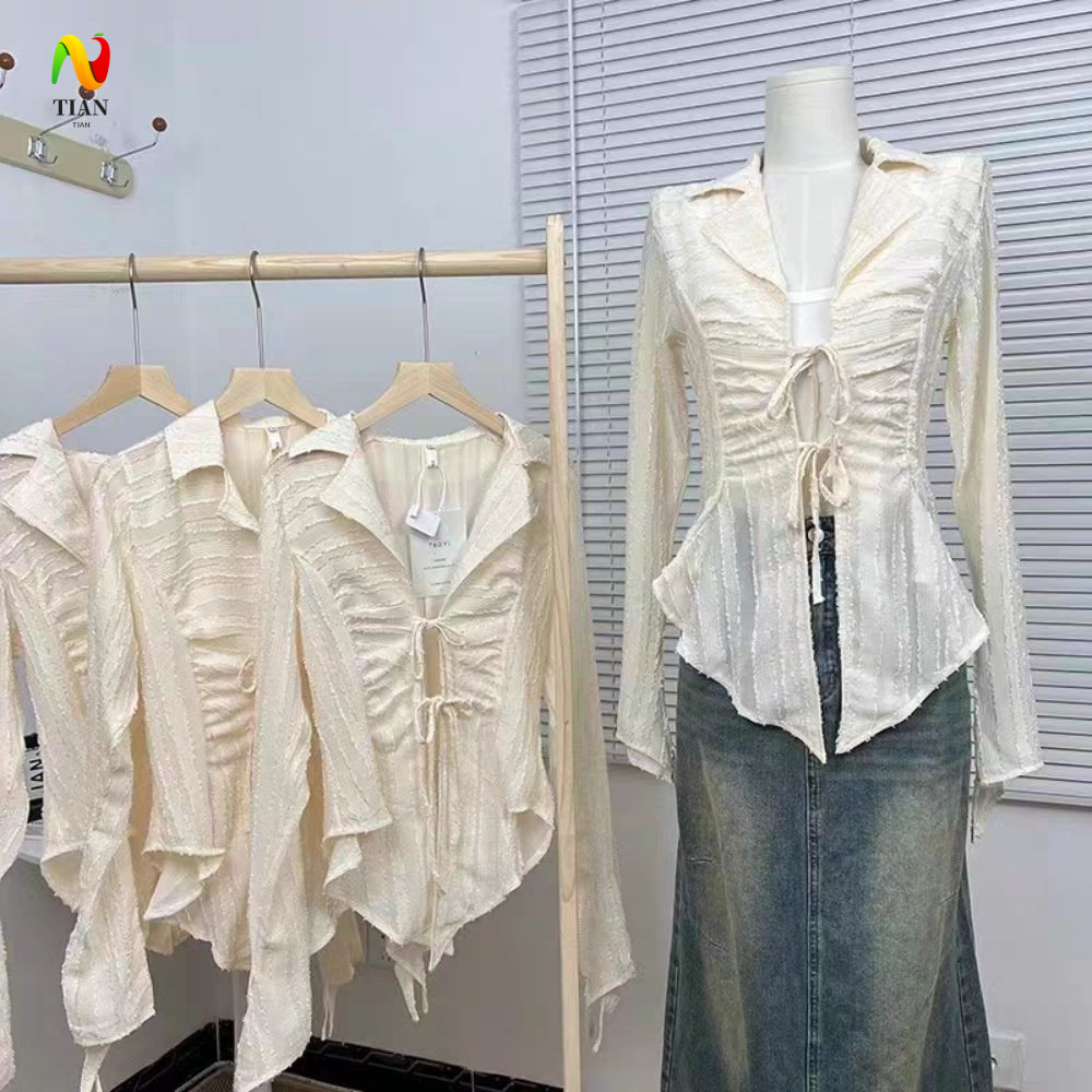 INQUIRY IMPACT ชีฟองครีมกันแดดเสื้อ, V คอไม่สม่ําเสมอ Beige เสื้อผู้หญิง, Hollow Out Lace-up หลวม Ru