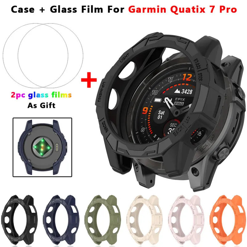 2-IN-1 กรณี + ฟิล์มกระจกนิรภัยสําหรับ Garmin Quatix 7 Pro TPU ป้องกันหน้าจอและกันชนฝาครอบป้องกัน Gar