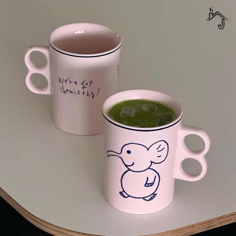 [JJ HOME] Creative Hand-Painted Cute Elephant Ceramic Cup Cartoon Line Mug ถ้วยกาแฟ ถ้วยนม ของขวัญ