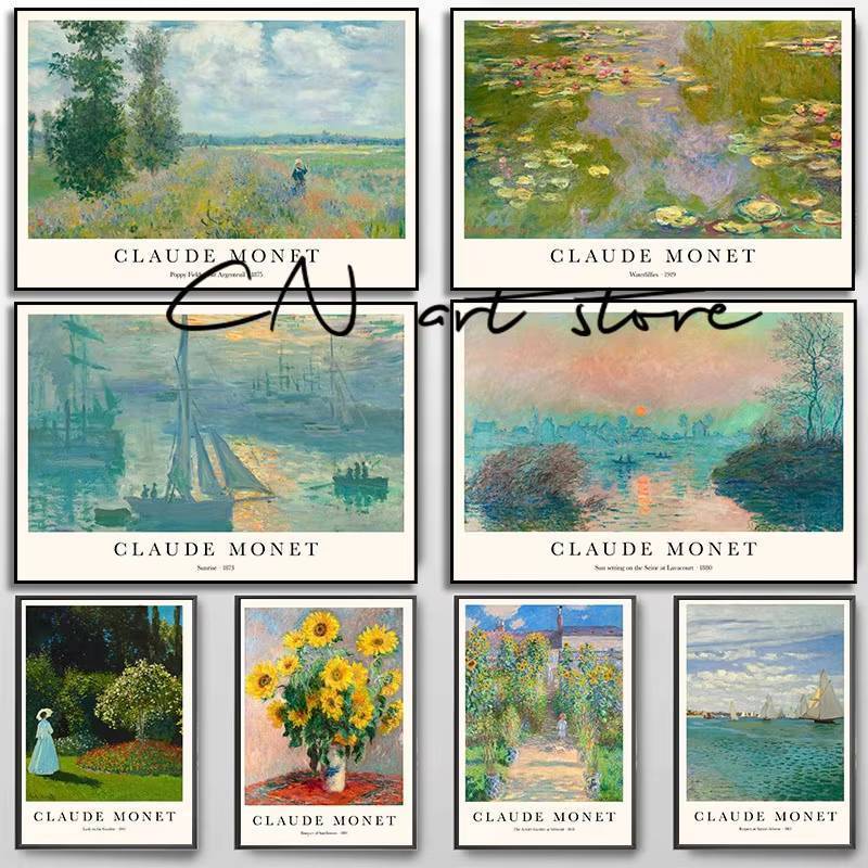 คลาสสิก Claude Monet งานศิลปะต้นไม้ผลไม้ฤดูใบไม้ผลิ, Waterlilis ภูมิทัศน์ศิลปะโปสเตอร์ผ้าใบภาพวาดภาพตกแต่งบ้าน
