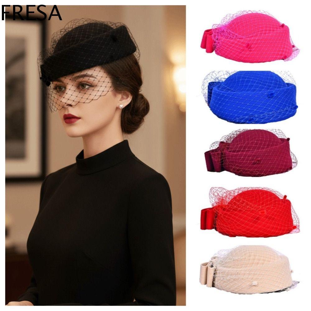 หมวกโบว์ขนสัตว์ ทรงพิลบอกซ์ ตาข่ายสีเข้ม แบบแคชเมียร์สไตล์อังกฤษ พร้อมใช้งานในงานเลี้ยงและเป็นแอร์โฮสเตสส์