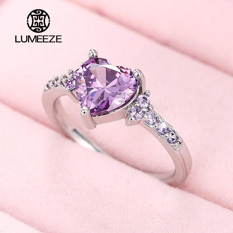 LUMEZE หัวใจสีม่วง Cubic Zirconia แหวนผู้หญิงที่ไม่ซ้ํากันงานแต่งงานหมั้นอุปกรณ์เสริมแฟนซี Lady ของขวัญโรแมนติกอินเทรนด์เครื่องประดับ 994 #