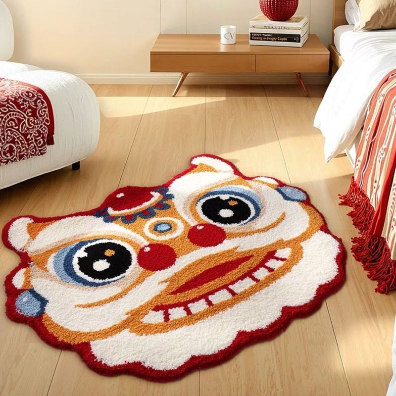 卡通醒狮仿羊绒客厅沙发地毯红色新年装饰脚垫卧室床边毯1.1Cartoon Lion Imitation Cashmere Liv Room Sofa Carpet Red New Year Decor