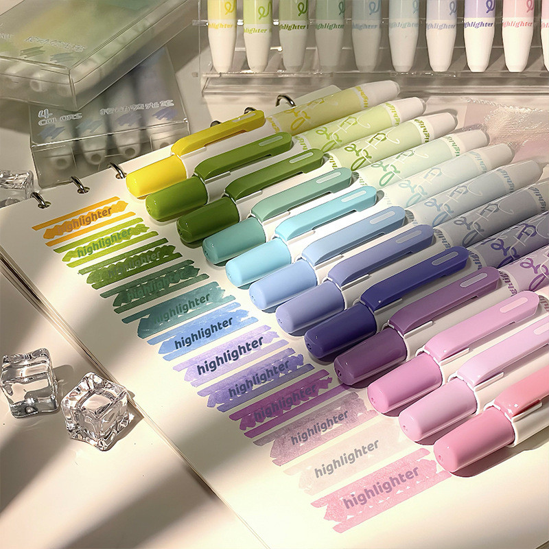 พร้อมสต็อก 4 ชิ้น/กล่อง Push-type Gradient Color Highlighter ชุดมูลค่าสูงนักเรียน Key Marker ปากกาคู่มือ Graffiti Marker ปากกาสีชุด