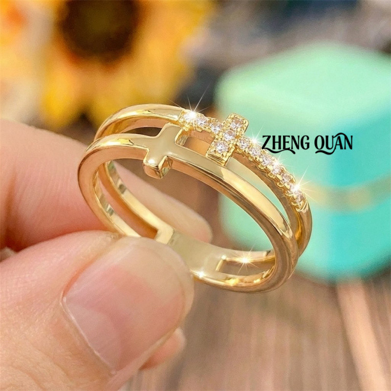 Cubic Zirconia & Gold CopperTrendy Double Layer Cross Ring Stacked Illusion Openwork Pave CZ Wide Band ราคา ถูกที่สุด ดีลบีเคเค แกลเลอรีภาพที่ 6