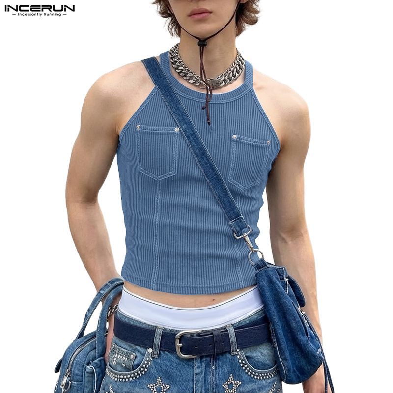 เสื้อกล้ามผู้ชายแบบคอแขวน ดีไซน์ถักหลุมพร้อมแถบ