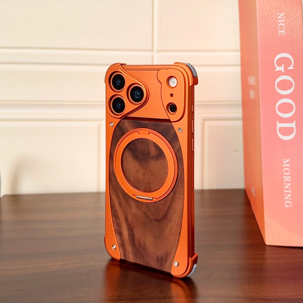 กรอบโลหะหรูหราไม้วอลนัท Frameless เคสโทรศัพท์สําหรับ iPhone 17 16 15 14 Pro Max แม่เหล็ก 360 หมุนฝาครอบ