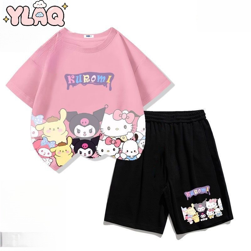 เสื้อยืดผู้หญิง Kuromi ชุดสองชิ้นสาวชุดการ์ตูนพิมพ์ชุดสาวแขนสั้นสบายๆ