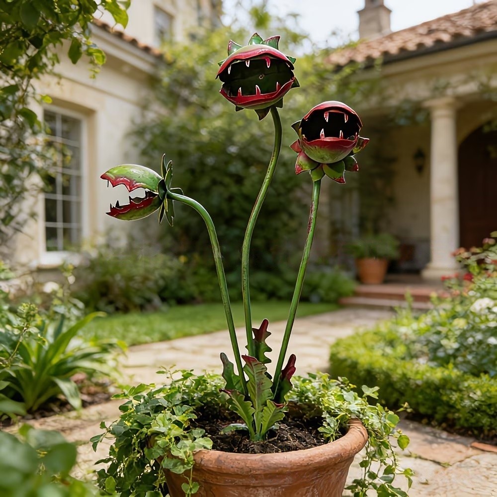 Stake พืชโลหะ Stake – การออกแบบ Venus Flytrap, ตกแต่งสวนกลางแจ้ง, Creepy แต่ Cool เครื่องประดับสําหร