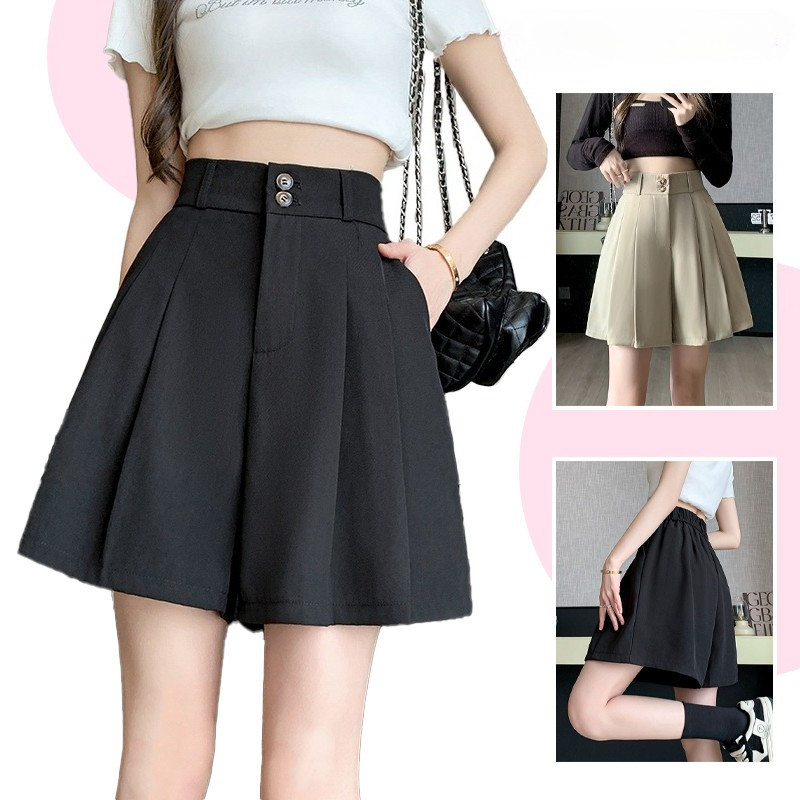 กางเกงขาสั้นเอวสูงสไตล์เกาหลี ทรงA-line สีดำ สำหรับคนชอบแฟชั่น