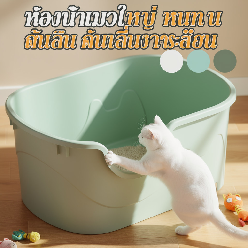 กระบะทรายแมว ห้องน้ำแมวใหญ่ กึ่งเปิด กันกลิ่น กันทรายกระเด็น ถาดกรองฝุ่น แมวโต ใช้งานง่าย