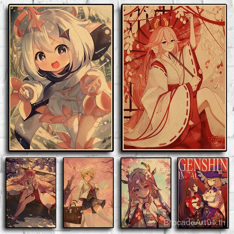 น่ารัก Yae Miko Genshin Impact การ์ตูนอะนิเมะ Retro สไตล์ Art Home Wall Decor ผ้าใบโปสเตอร์ห้องนั่งเ