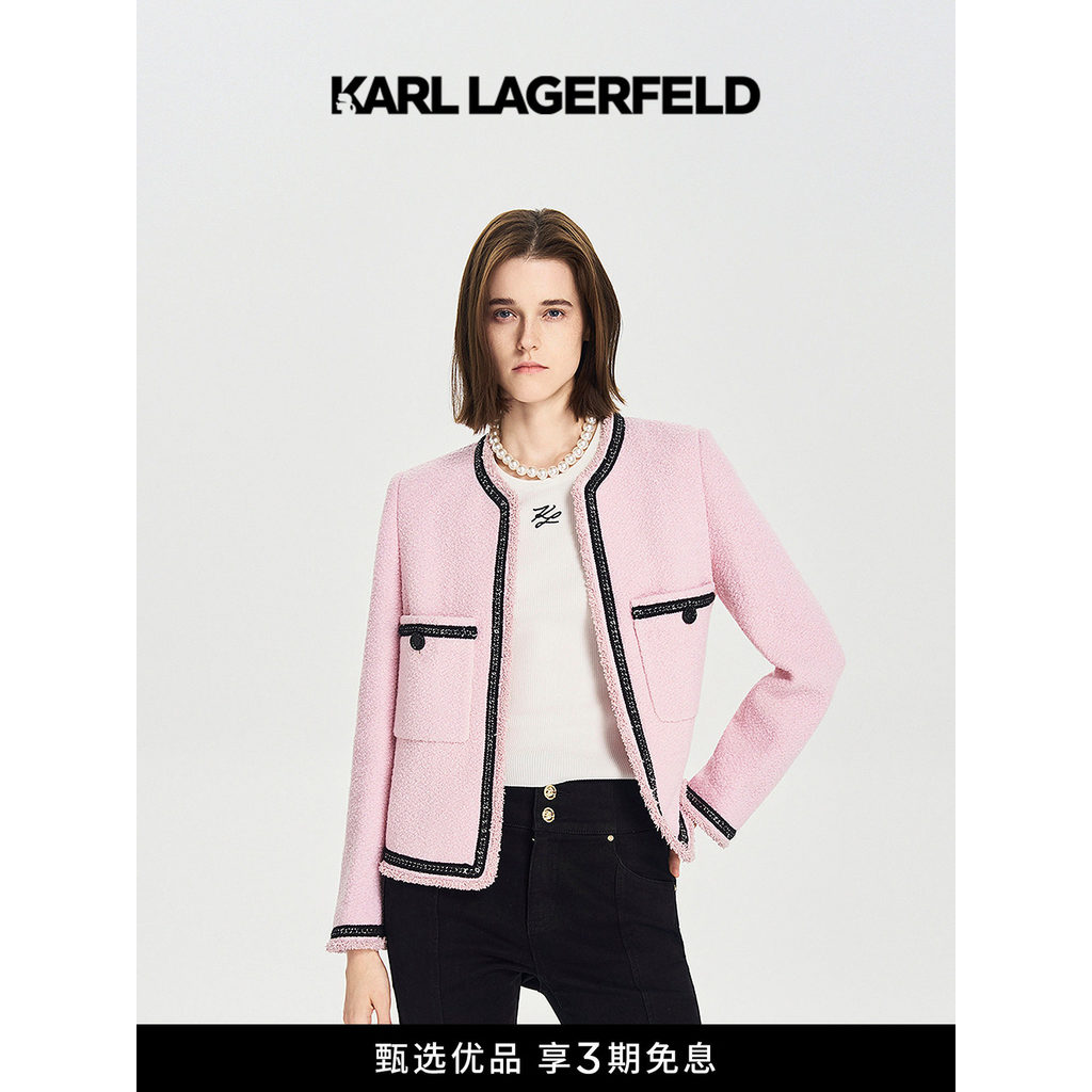 KARL LAGERFELD หวานสไตล์สีชมพูรอบคอ Chanel สไตล์แจ็คเก็ตฤดูใบไม้ร่วงเสื้อผ้าผู้หญิง Lafayette Lafaye