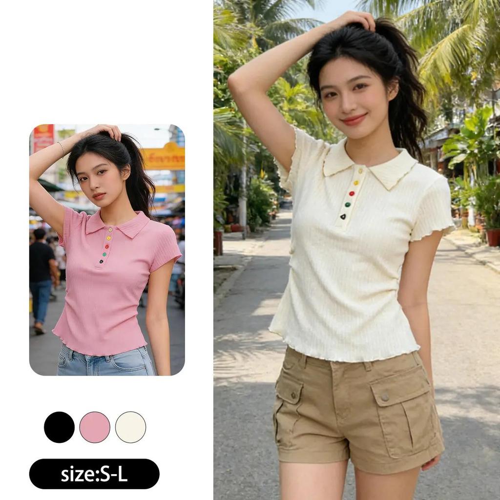 เสื้อโปโลผู้หญิง แขนสั้น กระดุมสี แต่งระบาย เอวเข้ารูป ใส่เที่ยว