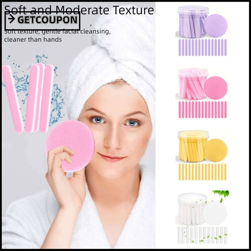 GETCOUPON 50 ชิ้น/เซ็ตฟองน้ําบํารุงผิวหน้า,ฟองน้ําล้างหน้าผิวเรียบเนียนแบบใช้แล้วทิ้ง,แผ่นผ้าฝ้ายทําความสะอาดใบหน้าแบบบีบอัดกระป๋องสําหรับทุกสภาพผิว