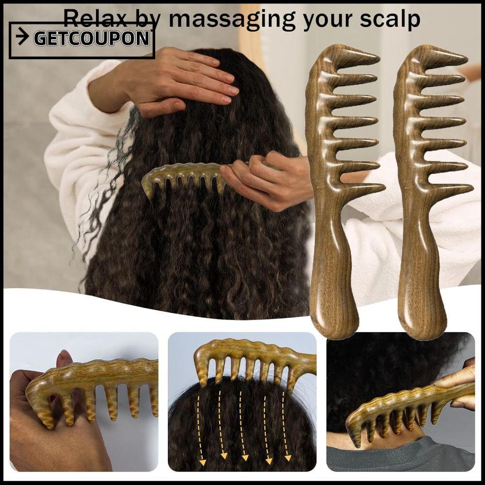 GETCOUPON ไม้หวีฟันกว้าง, Thicken Anti-static ไม้จันทน์หวีผม,ร้อนขนาดใหญ่ธรรมชาติหัวนวดหนังศีรษะสําหรับ Curls