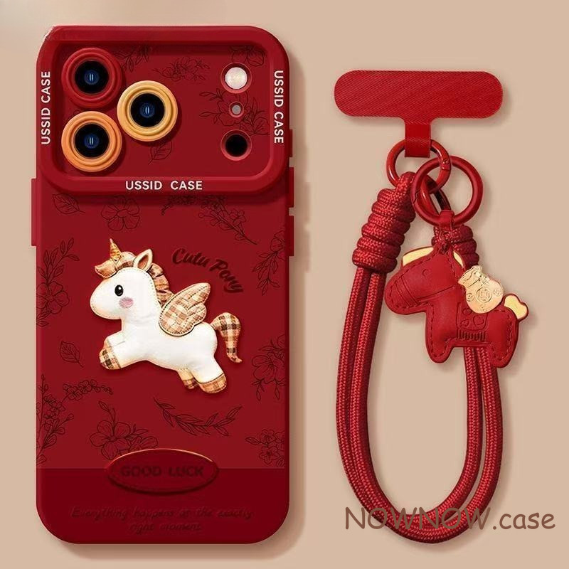 สําหรับ IPhone 17 16 15 14 13 12 11 Pro Max X XR XS Max 7 8 Plus น่ารักปีใหม่สีแดง Lucky Pony เชือกเคสโทรศัพท์ปกอ่อน