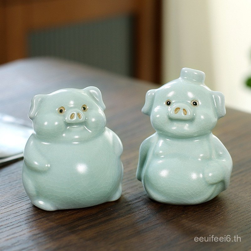 Ru เตาเผาชาสัตว์เลี้ยงเครื่องประดับห้องนั่งเล่นในครัวเรือนเครื่องประดับเซรามิค Zodiac หมูแปดแหวนเปิด