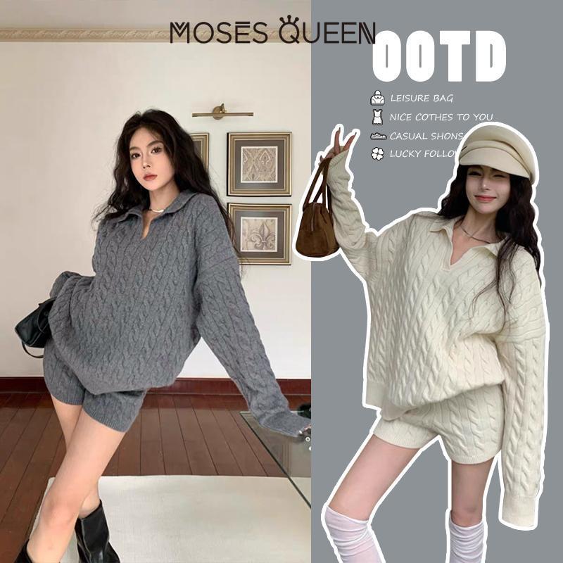 MOSESQUEEN ชุดสองชิ้นสำหรับสตรี ผสมระหว่างเสื้อกันหนาวและกางเกงขาสั้นสไตล์เกาหลี ดีไซน์สำหรับ #32259+32260