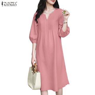 ZANZEA ชุดเดรสสตรี สไตล์เกาหลี แขนยาว 3/4 ลายทางและคอปิดแบบโ…