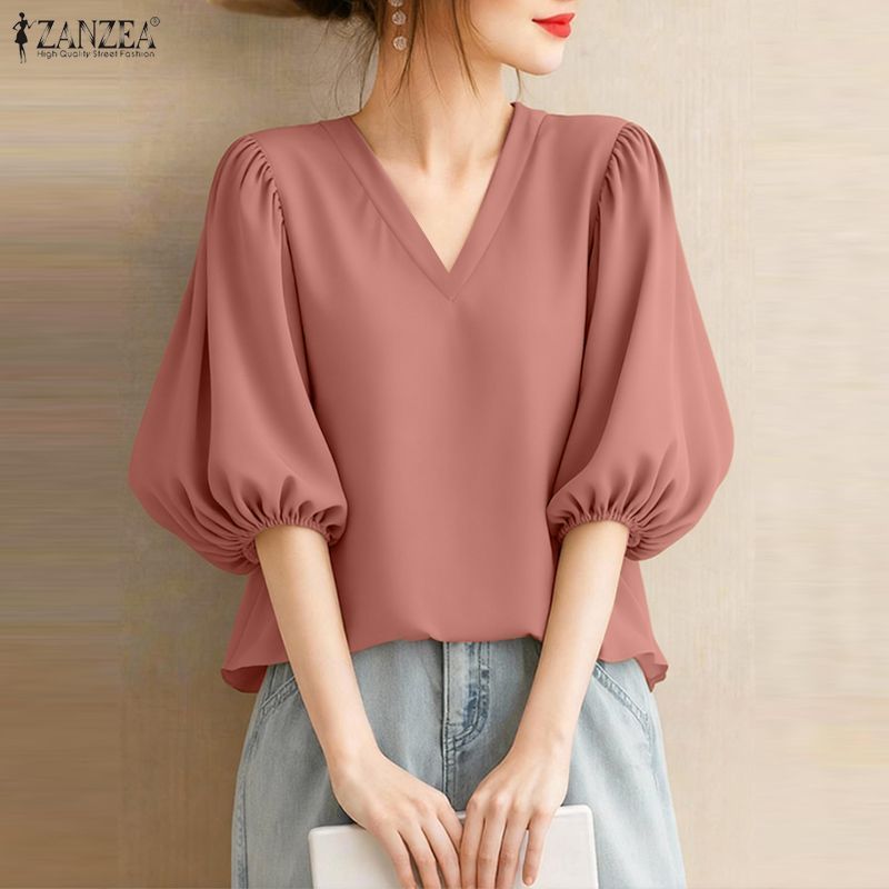 ZANZEA ซานเซีย ผู้หญิงเกาหลีทุกวันลําลองแฟชั่นคอวีแขนพัฟสีทึบจีบเสื้อเรียบง่าย — صورة 6