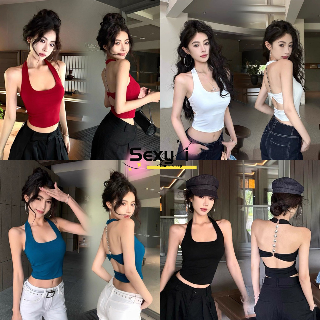 เสื้อสายเดี่ยว ดีไซน์คอผูกแบบ U-neck ทำจากผ้าฝ้าย มีแผ่นเสริมหน้าอก สร้อยคอรูปดาว เซ็กซี่ สไตล์เรโทร หลากสี