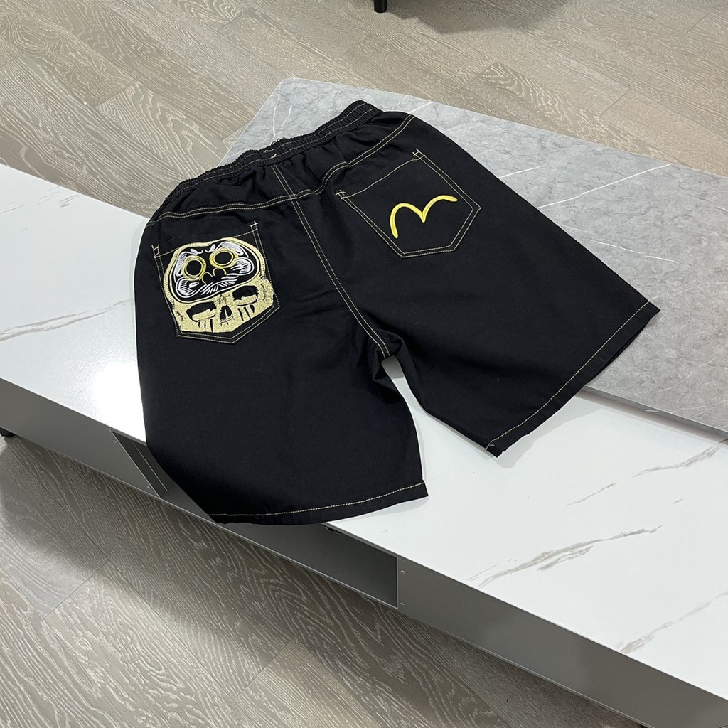 new 2025 evisu กางเกงขาสั้นยีนส์ดีไซน์ใหม่สำหรับฤดูร้อน งานปักคุณภาพ