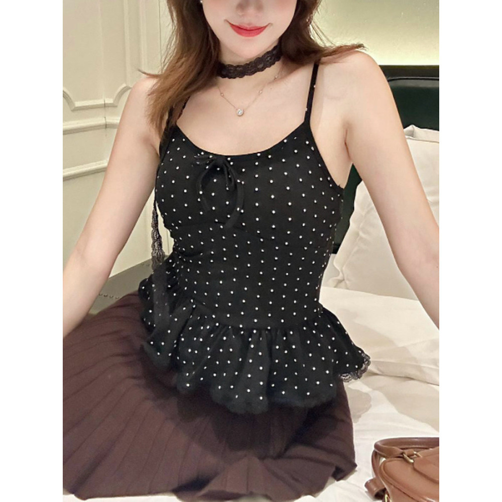 MOONLING ‘พร้อมส่ง’ เสื้อสายเดี่ยว เสริมฟองน้ำ ดีเทลลายจุดสไตล์เกาหลี FY5554 ราคา ถูกที่สุด ดีลบีเคเค แกลเลอรีภาพที่ 5