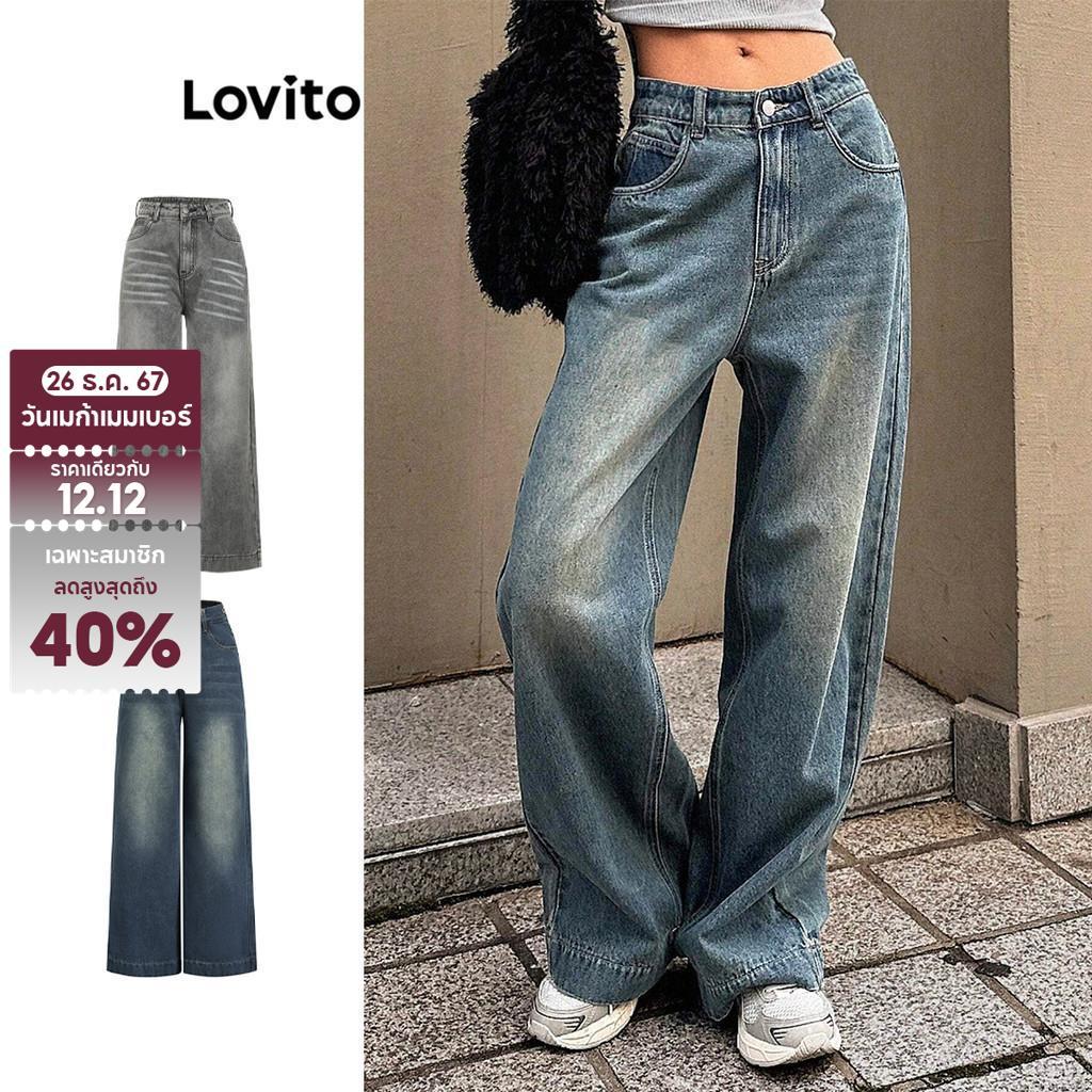 Lovito กางเกงยีนส์ทรงลำลองผู้หญิง ทรงเรียบ มีกระเป๋าหน้า ทรงหนวดแมว สวมใส่ได้ทุกฤดูกาล รุ่น Lba82172