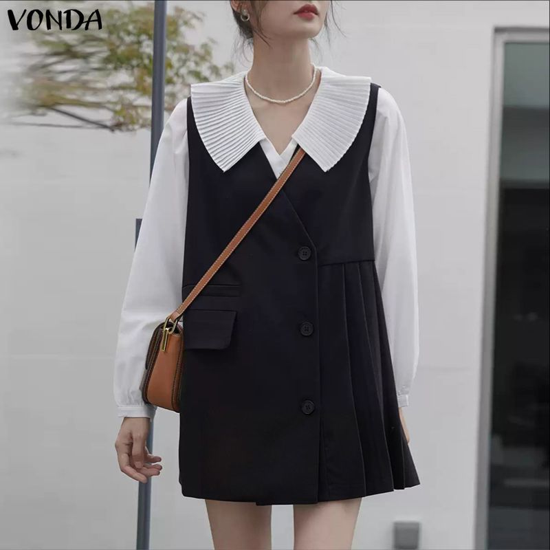 VONDA กระโปรง-mini-A-line สไตล์เกาหลีสำหรับผู้หญิง ปกคอวี พาทเวิร์ค และพลาตเตอรัส — صورة 4