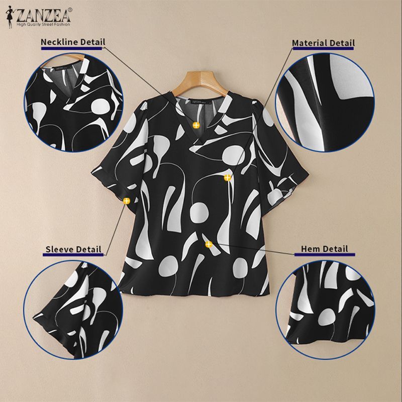 ZANZEA ผู้หญิงเกาหลี Elegant แฟชั่น Lady V คอ Ruffle แขนเรขาคณิตพิมพ์เสื้อชีฟอง — صورة 7