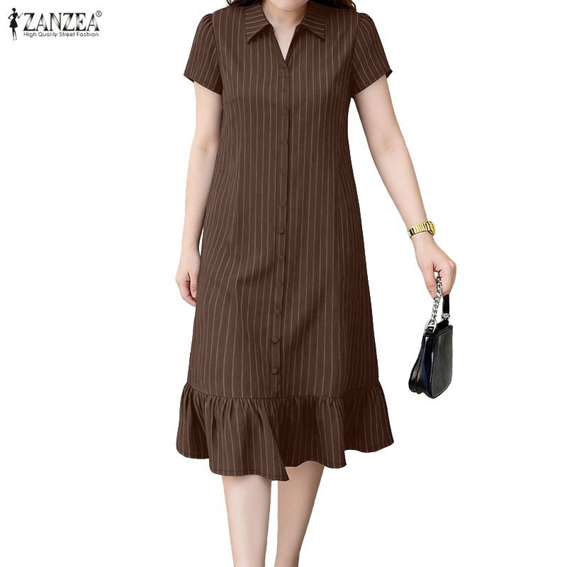 ZANZEA ชุดเดรสแขนสั้น ลาย Ruffle Hem ในสไตล์เกาหลี