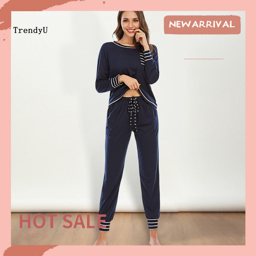 TRD ชุดนอน 2 ชิ้นสำหรับผู้หญิง แขนยาว คอเสื้อรอบคอกางเกงเอวยางยืด แบบสบายๆ สำหรับฤดูใบไม้ผลิ