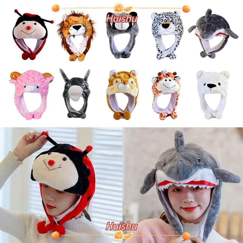 HUISHU หมวกสัตว์, น่ารักการ์ตูนพิมพ์หนา Plush Lining Earflap Beanie, หลวม Fit สั้นตัดสไตล์ Wind Blocking Full Ear Coverage Plush หมวกเย็น Weather Outing