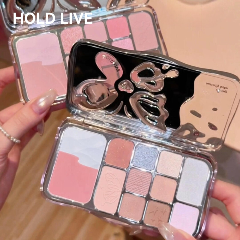 HOLD LIVE อายแชโดว์ ผีเสื้อ 12 สี ครบวงจร สีชมพูและสีน้ำเงิน คอนทราสต์ มุก กลิตเตอร์ สีชมพู บลัชออน