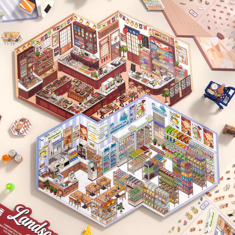 KOWEI 5 ชิ้น [ชุดการจัดการร้านค้า] 3D ขนาดใหญ่กันน้ําสติกเกอร์ภูมิทัศน์เวลาร้านสะดวกซื้อ Dreamy ร้านอาหารญี่ปุ่น Kawaii การ์ตูน Scrapbooking DIY Journal Planner อุปกรณ์