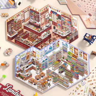 KOWEI 5 ชิ้น [ชุดการจัดการร้านค้า] 3D ขนาดใหญ่กันน้ําสติกเกอร์ภูมิทัศน์เวลาร้านสะดวกซื้อ Dreamy ร้านอาหารญี่ปุ่น Kawaii การ์ตูน Scrapbooking DIY Journal Planner อุปกรณ์