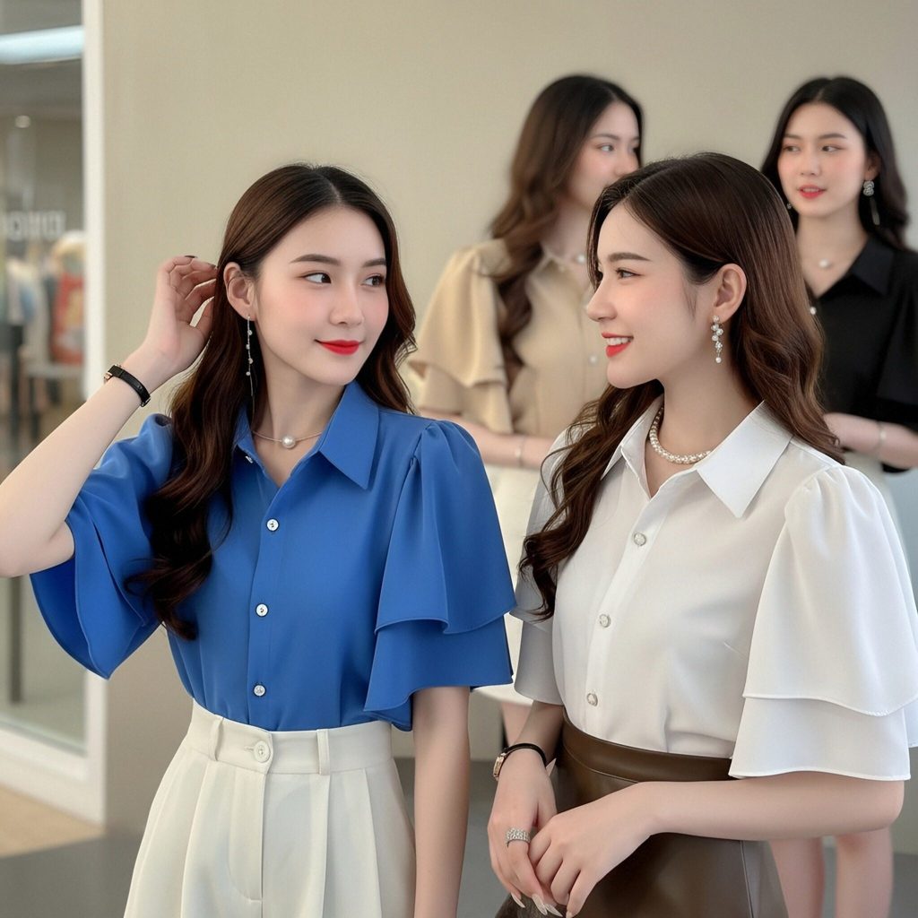 เสื้อแฟชั่นคอปกปกเชิ้ต แขนเสื้อระบายชั้นๆ ดีไซน์ล้ำสมัยใส่ไม่มีเอาท์