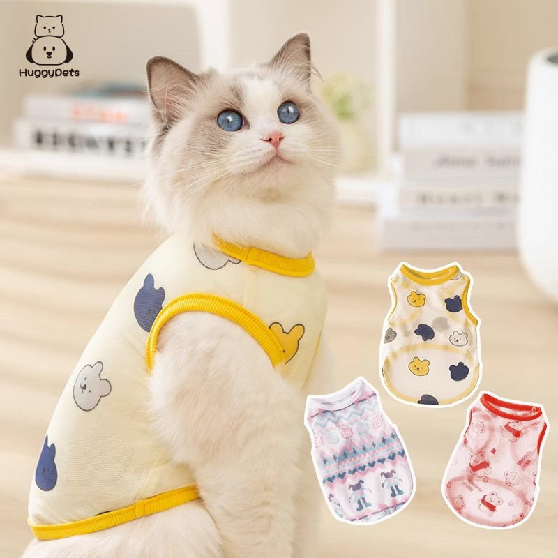 HuggyPets เสื้อผ้าแมวสัตว์เลี้ยงฤดูร้อนน่ารักพิมพ์ตาข่ายเสื้อกั๊กสําหรับ Ragdoll Silver Gradient ลูกแมว Anti-Shedding เสื้อกั๊กระบายอากาศ