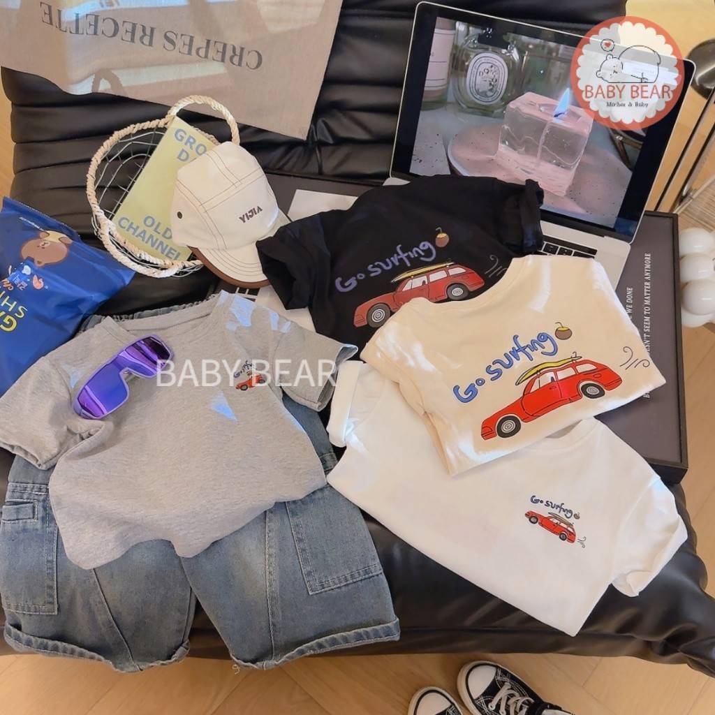 เสื้อยืดคอกลมเด็ก เสื้อยืดเด็กลายรถสีสด สไตล์เกาหลี แมทช์ง่าย ใส่สบาย Size80-120cm