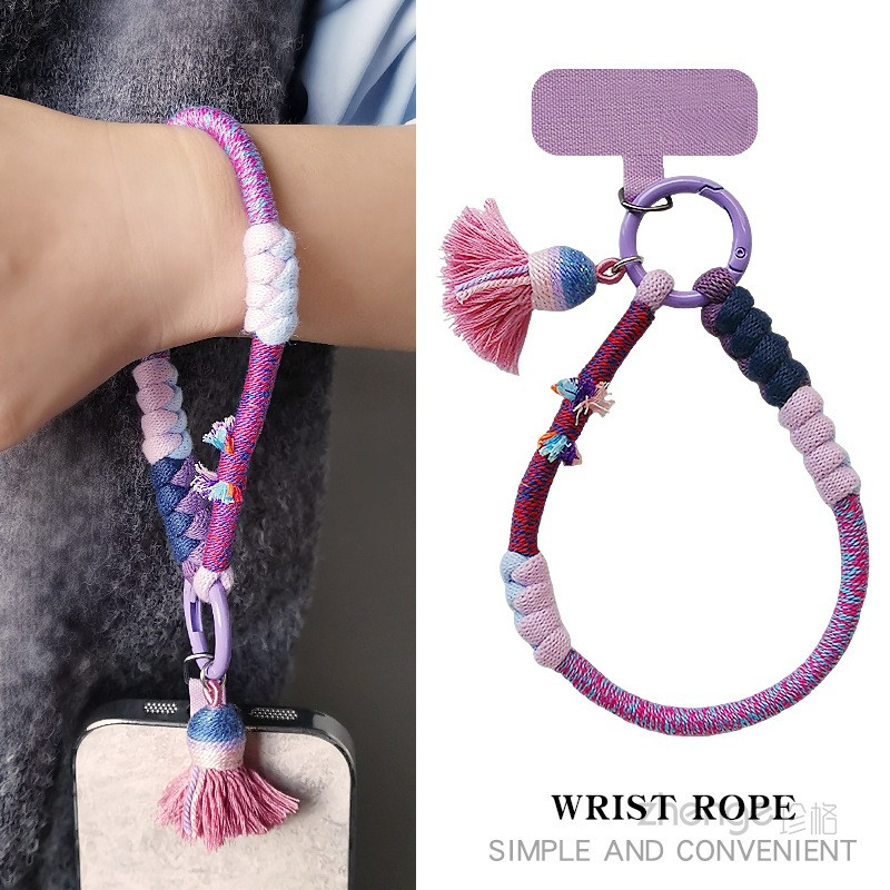 เชือกคล้องโทรศัพท์มือถือแบบสั้น, สายรัดข้อมือสไตล์ชาติพันธุ์วินเทจ, สายคล้องมือผ้าฝ้ายทอพร้อมเคสแข็งแรง