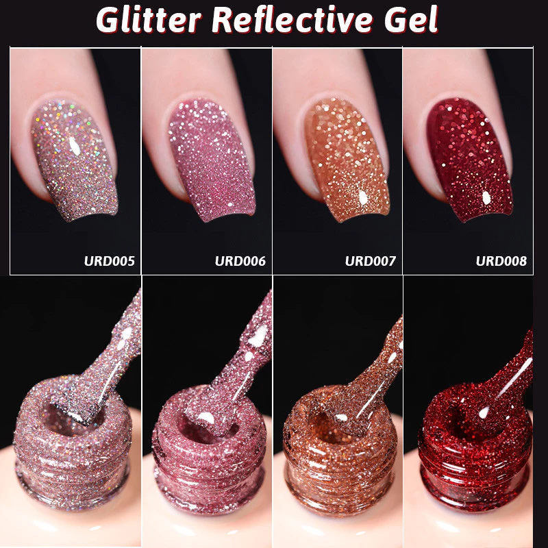 【Local】UR SUGAR 4PCS 15ml แชมเปญซิลเวอร์เจลสะท้อนแสงชุดยาทาเล็บ Glitter เคลือบเงากึ่งถาวร Soak Off UV เจลแต่งเล็บชุด