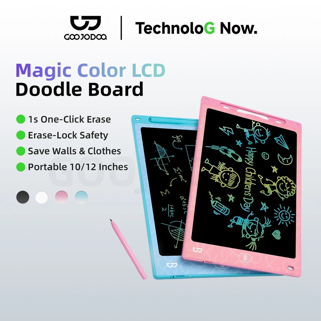 GOOJODOQ 10/12 lnch แผ่นเขียนด้วยลายมือสี แบบพกพาและน้ําหนักเบา LCD Doodle Board 1s One-Click Erase